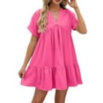 thumbnail image 3 of Summer Dresses for Women 2025 Vacation Short Sleeve V Neck Mini T Shirt Dress Pleated Ruffle Flowy Beach Rose Red S, 3 of 9