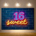 thumbnail image 4 of Neon Style 16 Sweet Backdrop Banner, Teen Birthday Party Decorations, Photography Props, Party Background, Photo Booth Decor, Celebration Decor, 4 of 7