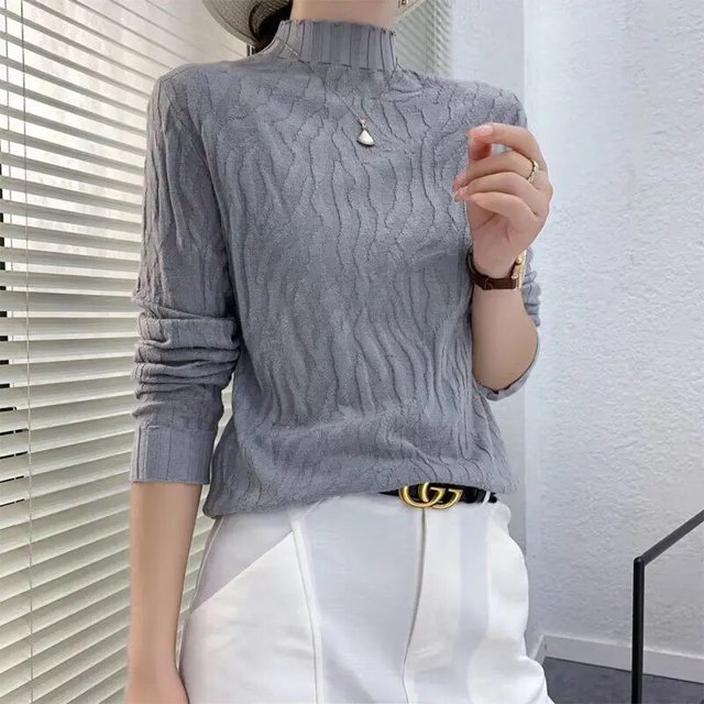 Femmes Automne et Hiver Mode Coréenne Col Montant Demi-Haut Tricot de Base Manches Longues Ajusté Chandail Tricoté Uni Chandail Hauts Ropa