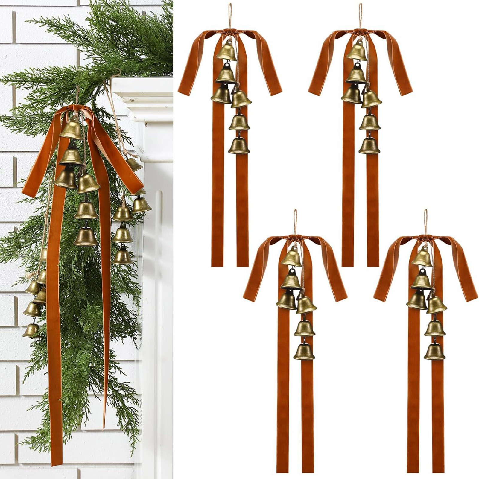 Opvise Velvet Christmas Swag Bow with Bells Rustic Large Staircase Wreath Bows Vintage Xmas Tree Topper Bow for Tree Wall Door Decor