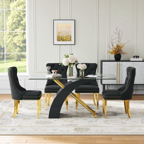 5-Piece Glass Dining Table Set, 63" Rectangular Tempered Glass Top, X-Shaped Base, Velvet Cushioned Stainless Steel Frame Dining Chairs, for Living Room, Kitchen