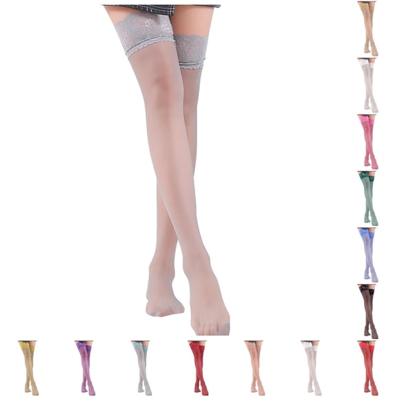 Ticikt Women's Lace Top Thigh High Sheer Stockings Antiskid Silicone Ultra Shimmery Pantyhose,Grey