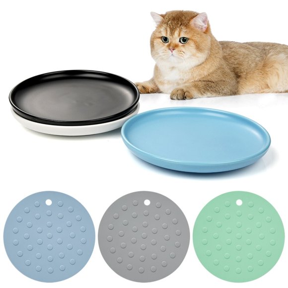 Ceramic Cat Bowls 3 Packs, Whisker Stress Free Cat Feeding Plates with 3 Non-Slip Mats, Wide & Shallow Cat Food Dish to Relieve Whisker Fatigue, for Cats, Kittens, Puppies, Dishwasher Safe