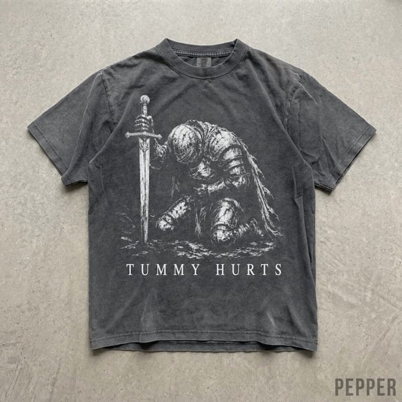 Tummy Hurts Knight Shirt, Funny Dark Fantasy Graphic Tee, Ironic Meme T-Shirt, Gamer Girl Gift, Retro Elden Knight Top, Comfort Colors Tee