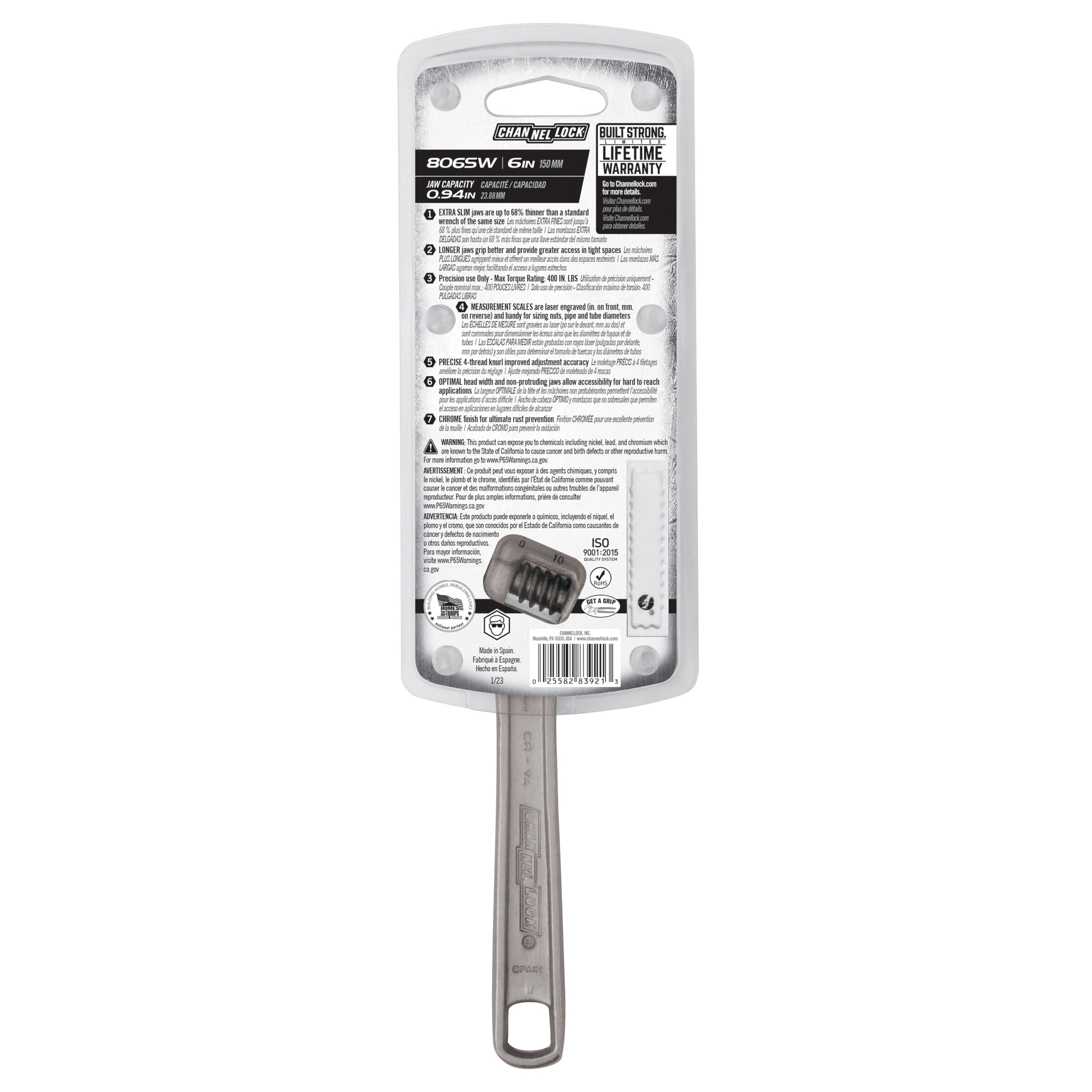 CHANNELLOCK 6-inch Adjustable Wrench, Precise .94-inch Extra Slim Jaw Capacity (806SW)