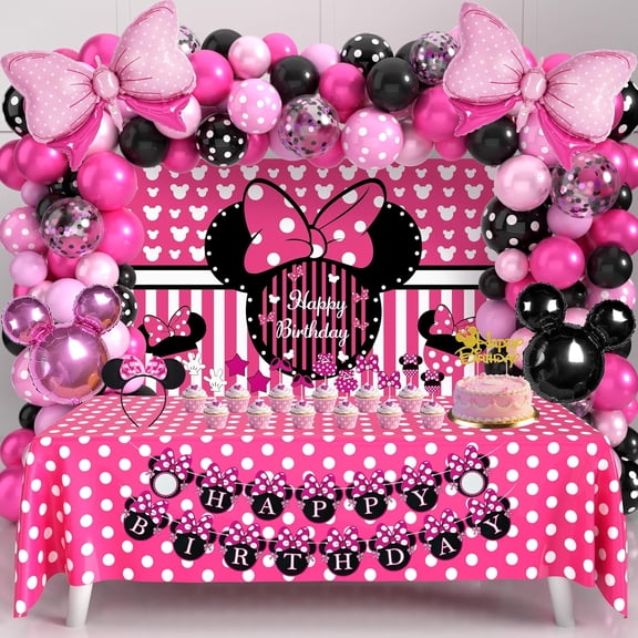 Pink Mouse Birthday Decorations Rose Red Cartoon Theme Party Kit Mouse Theme Birthday Party Supplies with Backdrop, Foil Balloons, Tablecloth & Cake Toppers for Girls Baby Shower Celebration