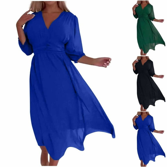 SMihono Fashion Women's Chiffon V Neck Wrap 3/4 Sleeve Ruffle Hem Maxi Dress Flowy Wedding Guest Dress 2025 A-Line Swing Long Dress Black XXXL