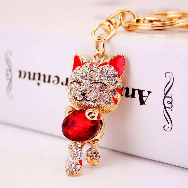 Llavero creativo con forma de gato de la suerte con incrustaciones de diamantes, accesorio para bolso de mujer, llavero con colgante de metal de gatito, regalo pequeño