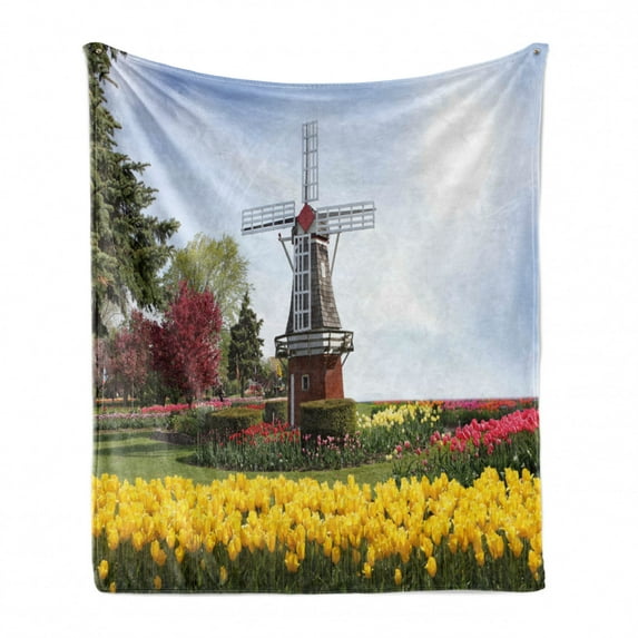 Windmill Soft Flannel Fleece Throw Blanket, Serene Vast Traditional Garden with Blossoming Flowers Trees and Dutch Tulips, Cozy Plush for Indoor and Outdoor Use, 60" x 80", Multicolor, by Ambesonne