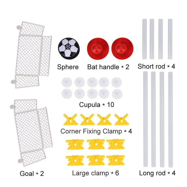juego de puerta de fútbol air power para niños, con portería, deporte, juguetes para niños, kit de entrenamiento yunyi brand deportes Incluye 2 porterías plegables, esfera tipo puck con diseño de balón, 2 mangos rojos, 10 cúpulas de succión, 6 abrazaderas grandes, 4 abrazaderas de esquina, 4 varillas largas y 4 cortas; montaje mostrado en plano sobre fondo blanco. Tamaño instalado aprox. 70 x 40 cm; funciona con 2 pilas AAA (no incluidas). Adecuado para 2–3 niños y juegos o entrenamiento en pisos lisos interiores y exteriores.