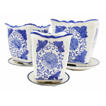 Blue and White Painted Three Piece Porcelain Planter Set - Oriental Furniture Warehouse