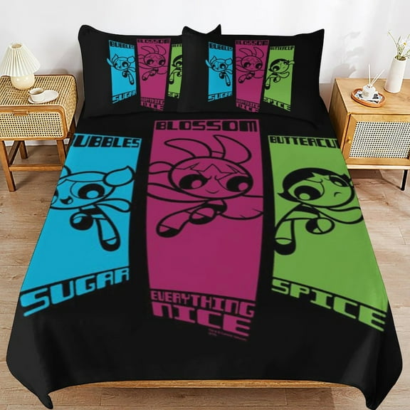 The Powerpuff Girls 3 Pieces Bedding Set 3D Printed Lightweight Bed Quilt Set Comforter Cover Set for Girls Kids Teens, 1 Quilt Cover 2 Pillowcases 86"x70"
