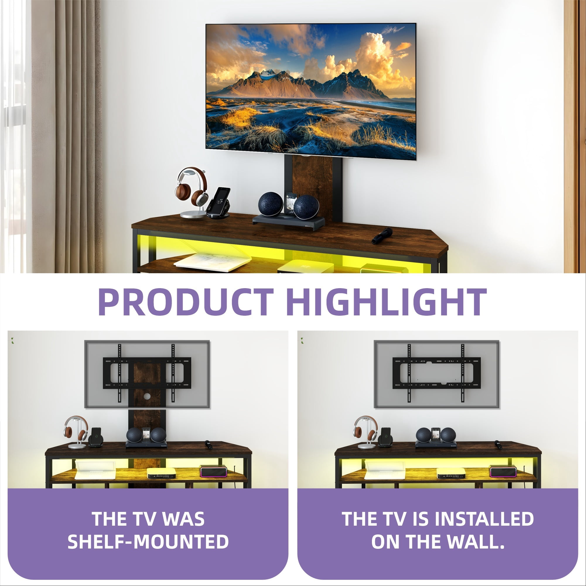 Uforic Height Adjustable TV Stand Mount with Power Outlet with LED Lights for TVs up to 70 inches, Brown