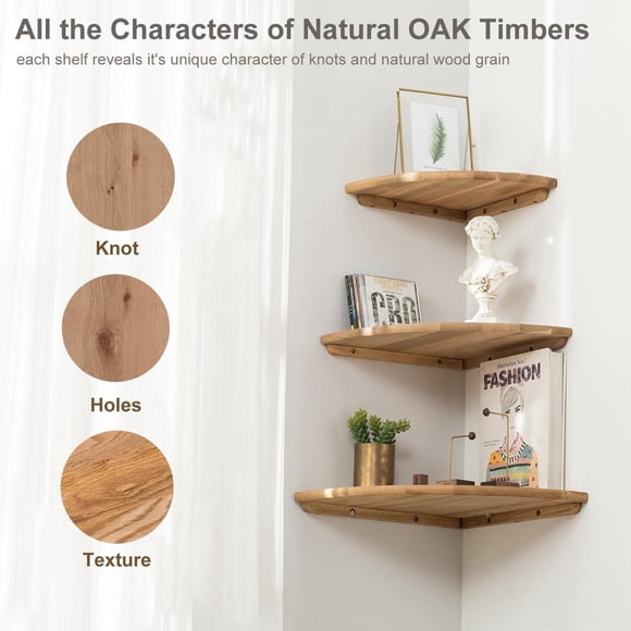 pieces - 7" solid oak corner shelf - wall-mountable round floating shelf - with cable holes for speakers, plants, or picture frames - natural