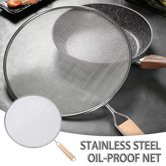 Splatter Guard Stainless Steel Mesh Splatter wooden Handle for Frying Pan Cooking Splash Proof Scald Oil Proof Strainer Drain Board