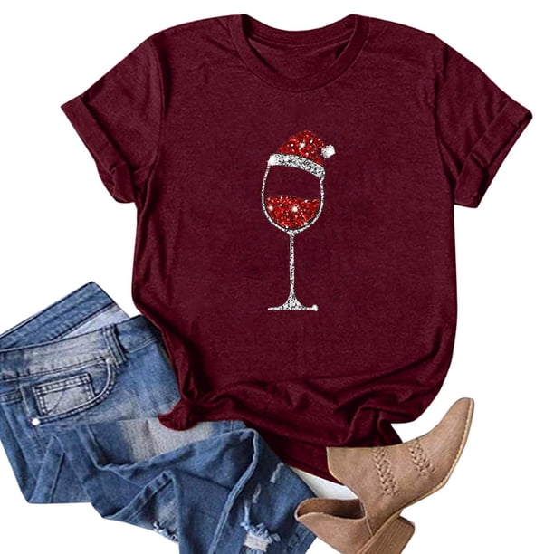 Fiudx Camisas para Mujer Moda Mujer Casual Navidad Impresión Pulóver Manga Corta Camiseta Tops Blusa