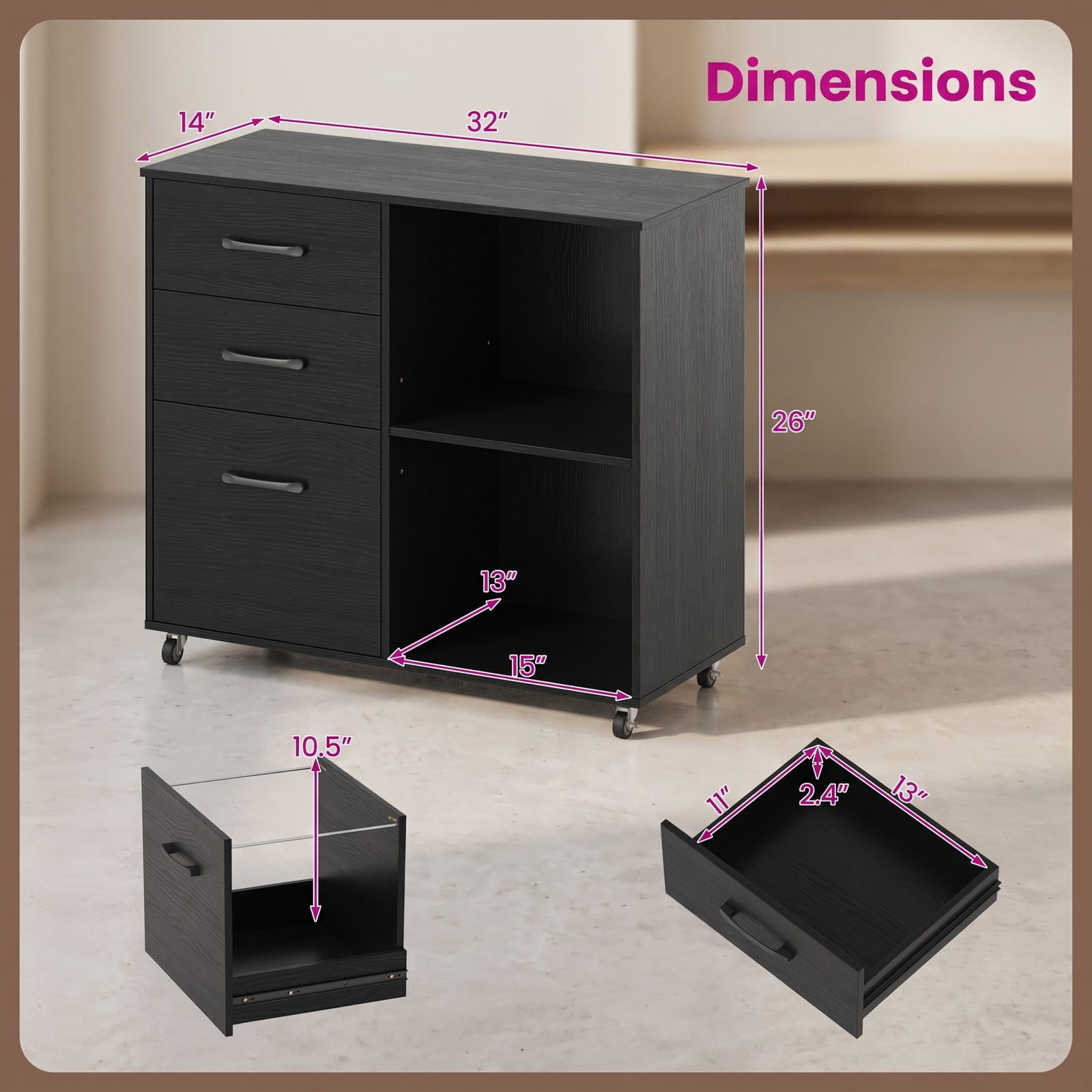 Furnibear 3-Drawer Mobile Lateral File Cabinet Printer Stand, Rolling Wood Filing Cabinet with Locking Wheels and 3-Level Shelf for Home Office, Holds A4 and, Black