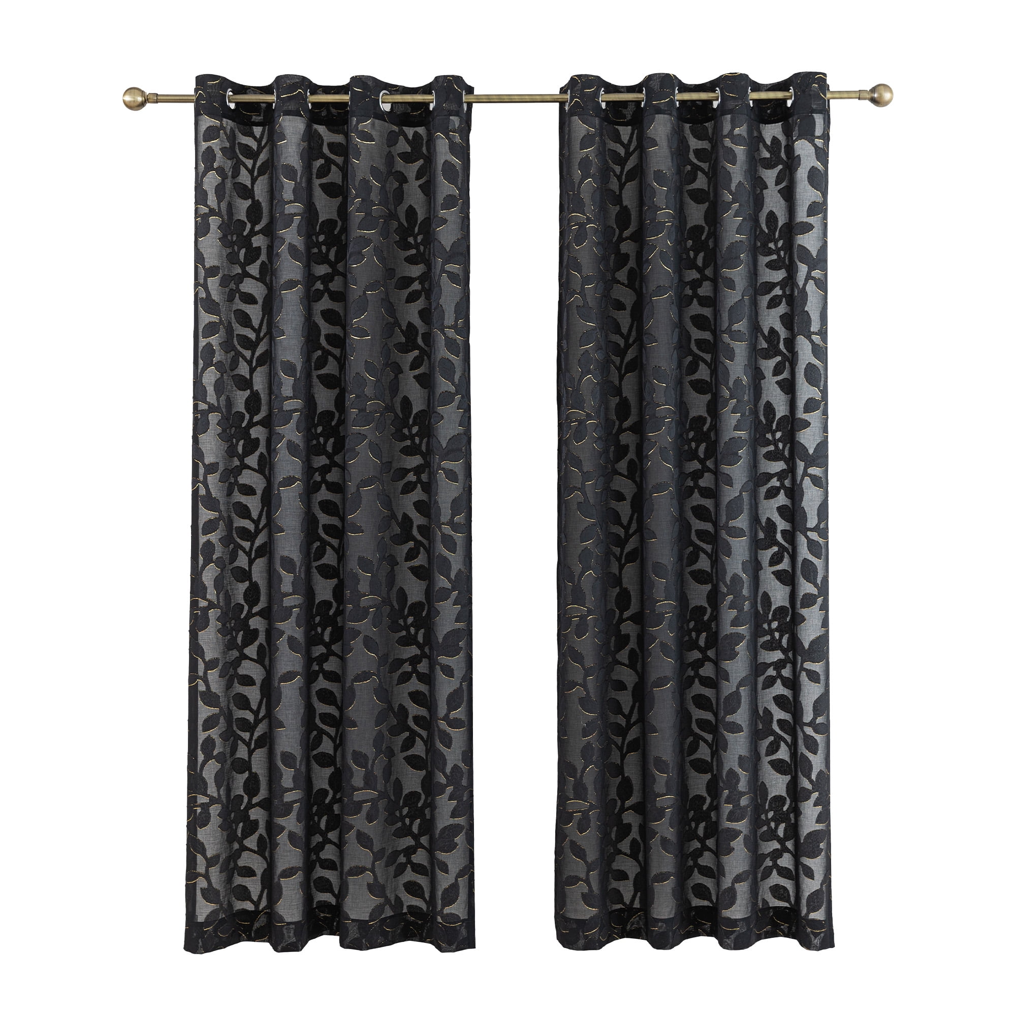 Sleep Zone Sheer Curtains Light Filtering Golden Edged Floral Gentle Window Treatment Drapes for Bedroom Living Room 2 Panels, 52" x 84" Black