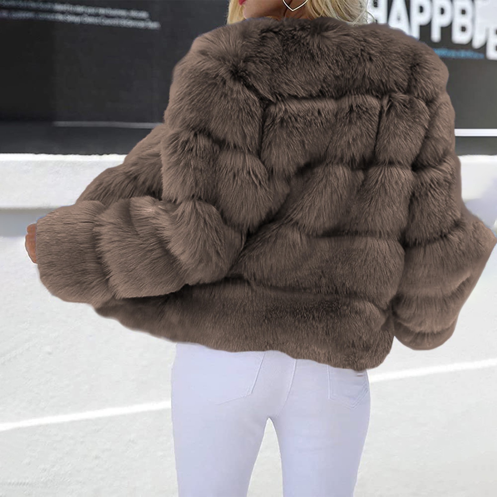 Yigetop Fur Coats for Women European and American Wool Imitation Jacket Women's Short Long Sleeve Faux Leather Coat Faux Fur Jacket Women Coffee L