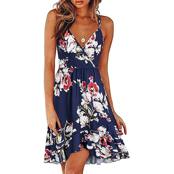 Fesfesfes Spring Dresses for Women V-Neck Floral Print Boho Dress Strap Sling Dress Loose Casual Sleeveless Swing Dress With Ruffle Sun Dress