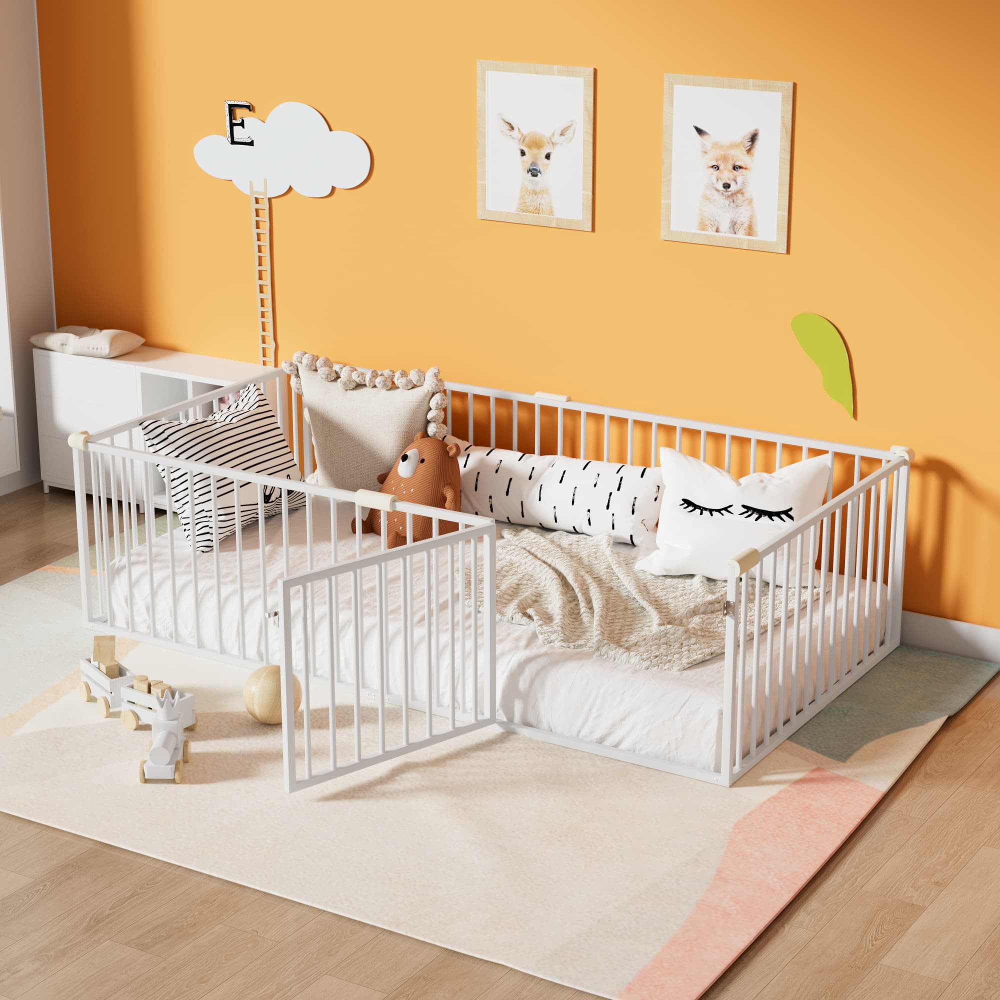 Twin Size Montessori Floor Bed with Safety Fence and Door, Metal Floor Bed Frame with Rails, Minimalist Versatile Floor Bed for Children Bedroom, Toddlers, Boys Girls, Kids Playroom, White