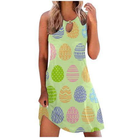 

jsaierl Womens Easter Dresses 2023 Bunny Egg Print Casual Dresses Sleeveless Midi Sun Dress Keyhole Tank Dresses Happy Easter Gift for Women