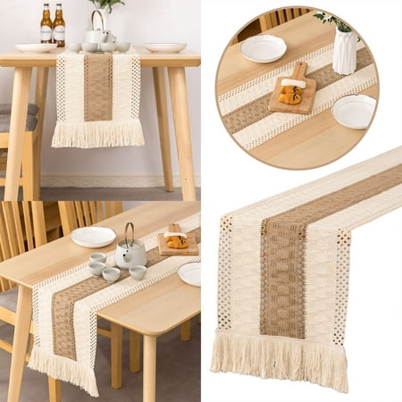 

NIUREDLTD Splicing Cotton Burlap Table Runner Woven Table Runner Farmhouse Style With Tassels Boho Table Runner