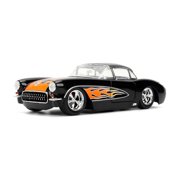 Jada Toys BIGTIME MUSCLE 1:24 1957 Chevy Corvette Die-cast Car – Opening Doors, Hood, Trunk, Rubber Tires(Glossy Black Flames)