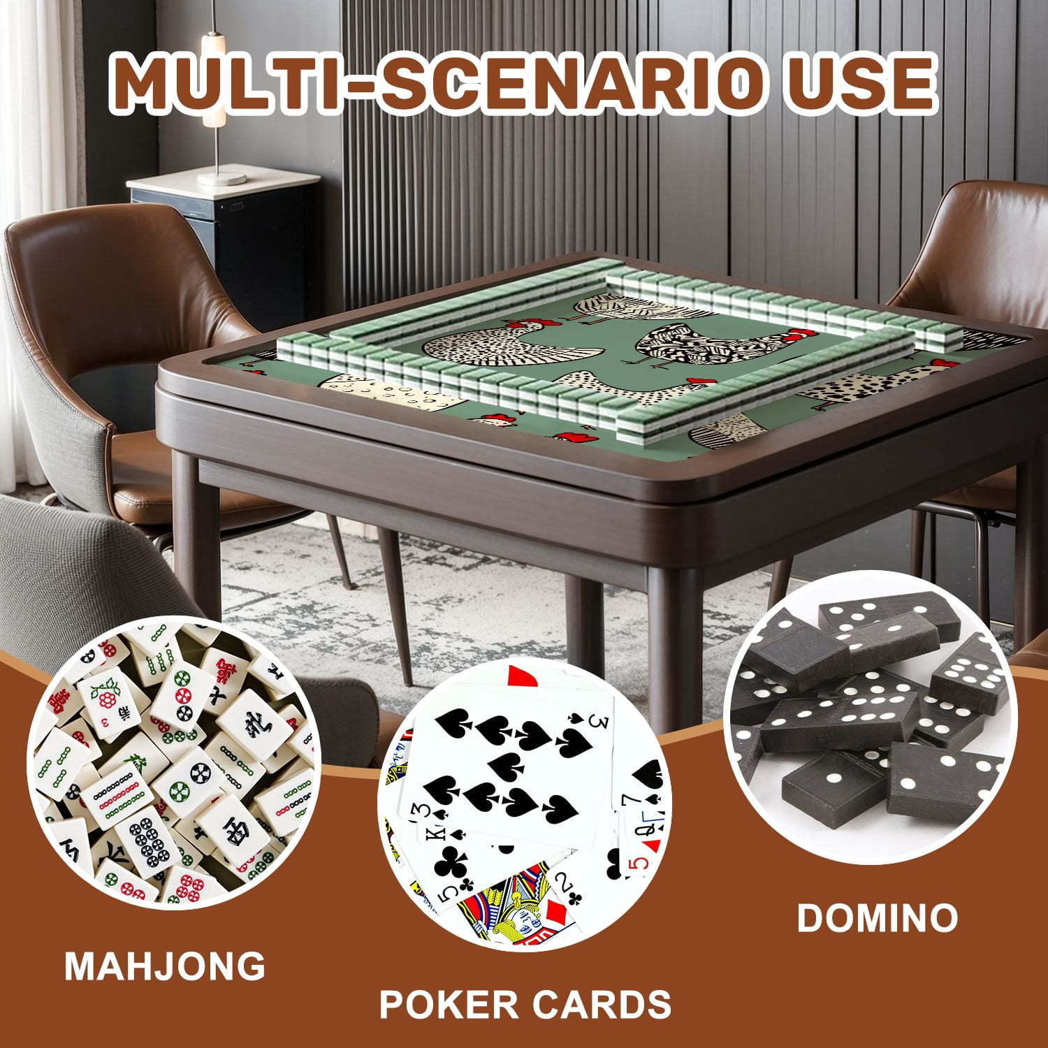 Mahjong Mat 31.5" x 31.5" seamless hand drawn chickens Beautiful ink drawing Non-Slip Noise Reduction American Mahjong Tiles Table Cover for Dominoes Poker Card Board Games Gift