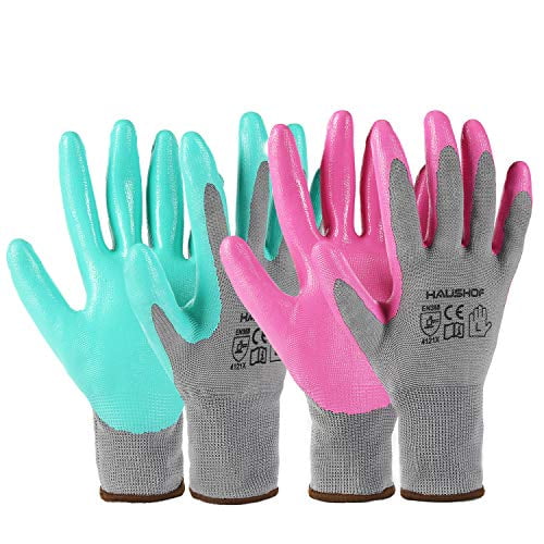Large Restoration Work Pink & Green HAUSHOF Garden Gloves for Women L 6 Pairs Nitrile Coated Working Gloves for Gardening 