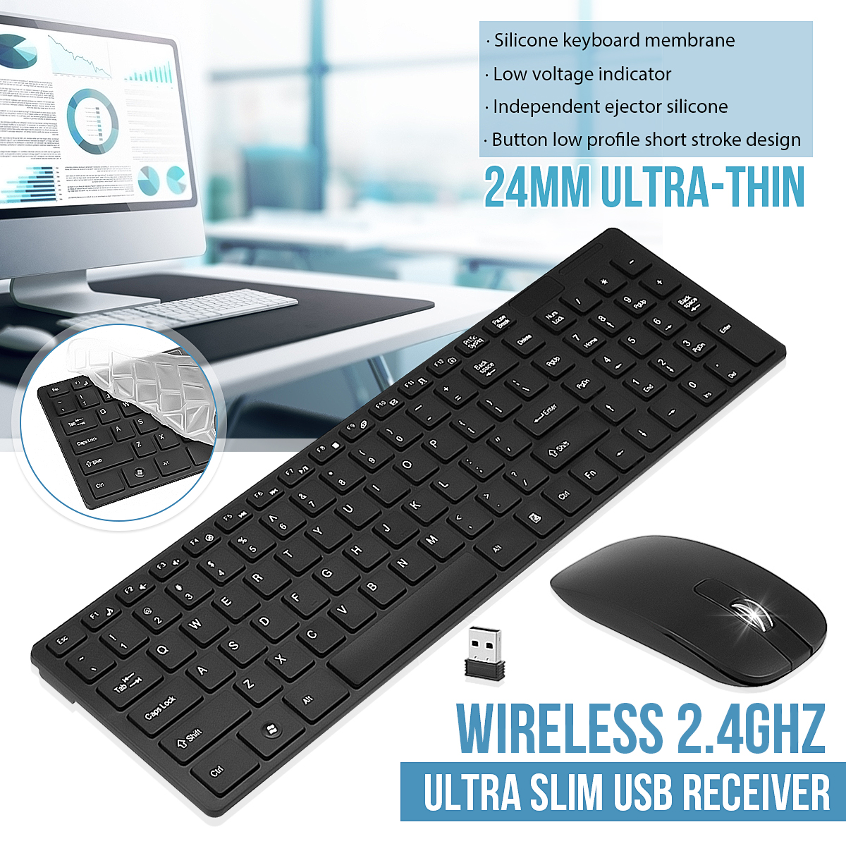 Ultra Slim Wireless Keyboard and Mouse Combo, 2.4GHz Full-Sized Silent Wireless Keyboard and Mouse Combo with USB Receiver for Laptop, PC - image 3 of 7