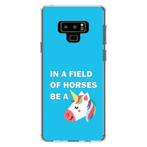 DistinctInk Clear Shockproof Hybrid Case for Samsung Galaxy Note 9 - TPU Bumper, Acrylic Back, Tempered Glass Screen Protector - In a Field of Horses, Be a Unicorn - Blue