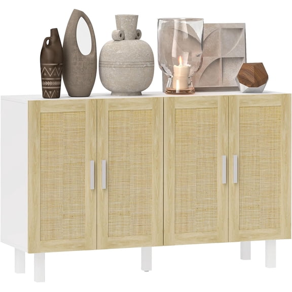 CZMDZH Boho Sideboard Buffet Cabinet, Coffee Bar Cabinet with 4 Rattan Doors and Adjustable Shelves for Kitchen, Living Room, White and Natural