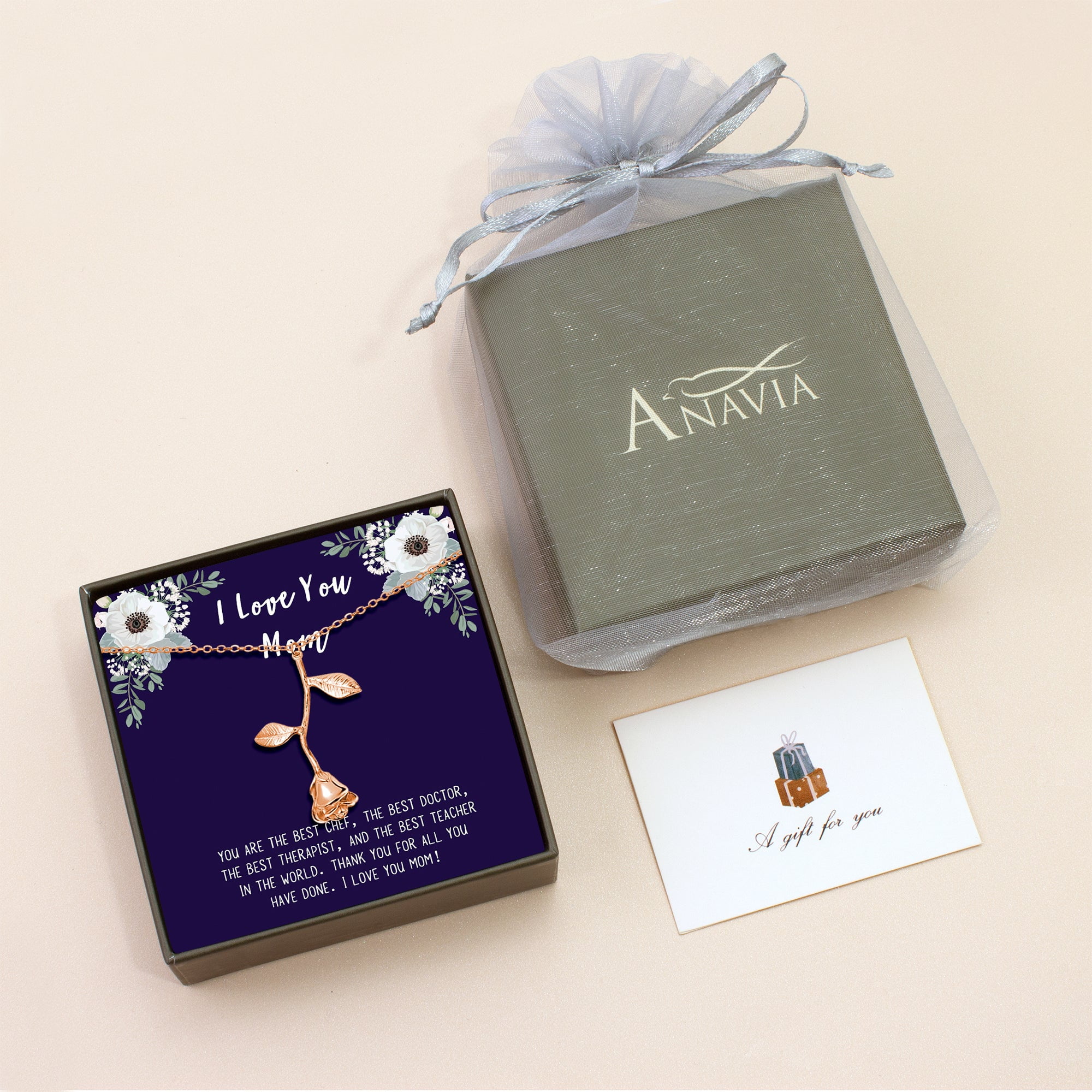 Anavia "I Love You Mom" Mother's Day Rose Necklace With Gift Card, Birthday gift for Mom from daughter [Rose Gold]