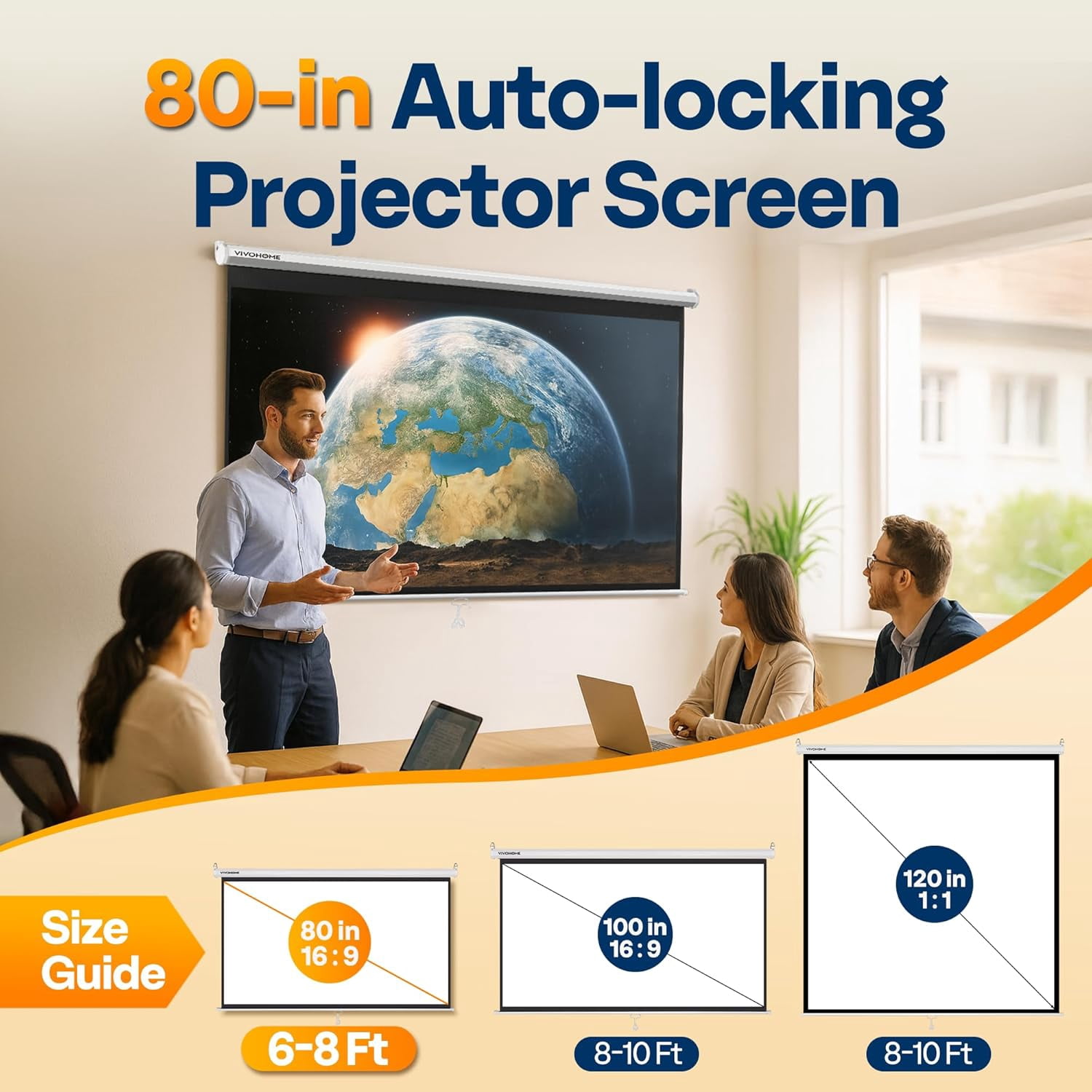 SPECSTAR 80 inch Manual Pull Down Projector Screen, 16:9 HD Retractable Projector Screens with Auto Locking for Movie Home Theater Cinema Office Video Game, White(70Wx40H Inch Display Area)