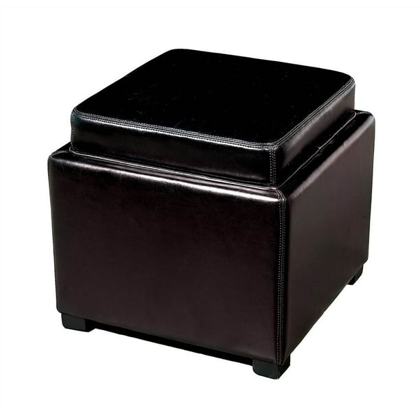 Leather Storage Ottoman With Reversible, Black Leather Ottoman With Tray