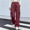 thumbnail image 4 of Cargo Pants Women Baggy Y2k Streetwear Wide Leg Pants with Pockets High Waist Drawstring Goth Wine S, 4 of 5