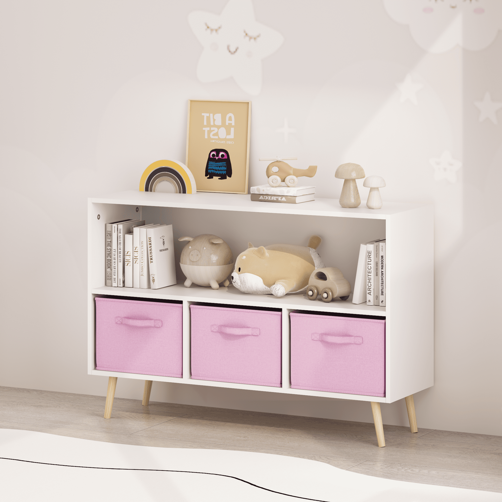 Kids bookcase with Collapsible Fabric Drawers, Children's Book Display, Toy Storage Cabinet Organizer
