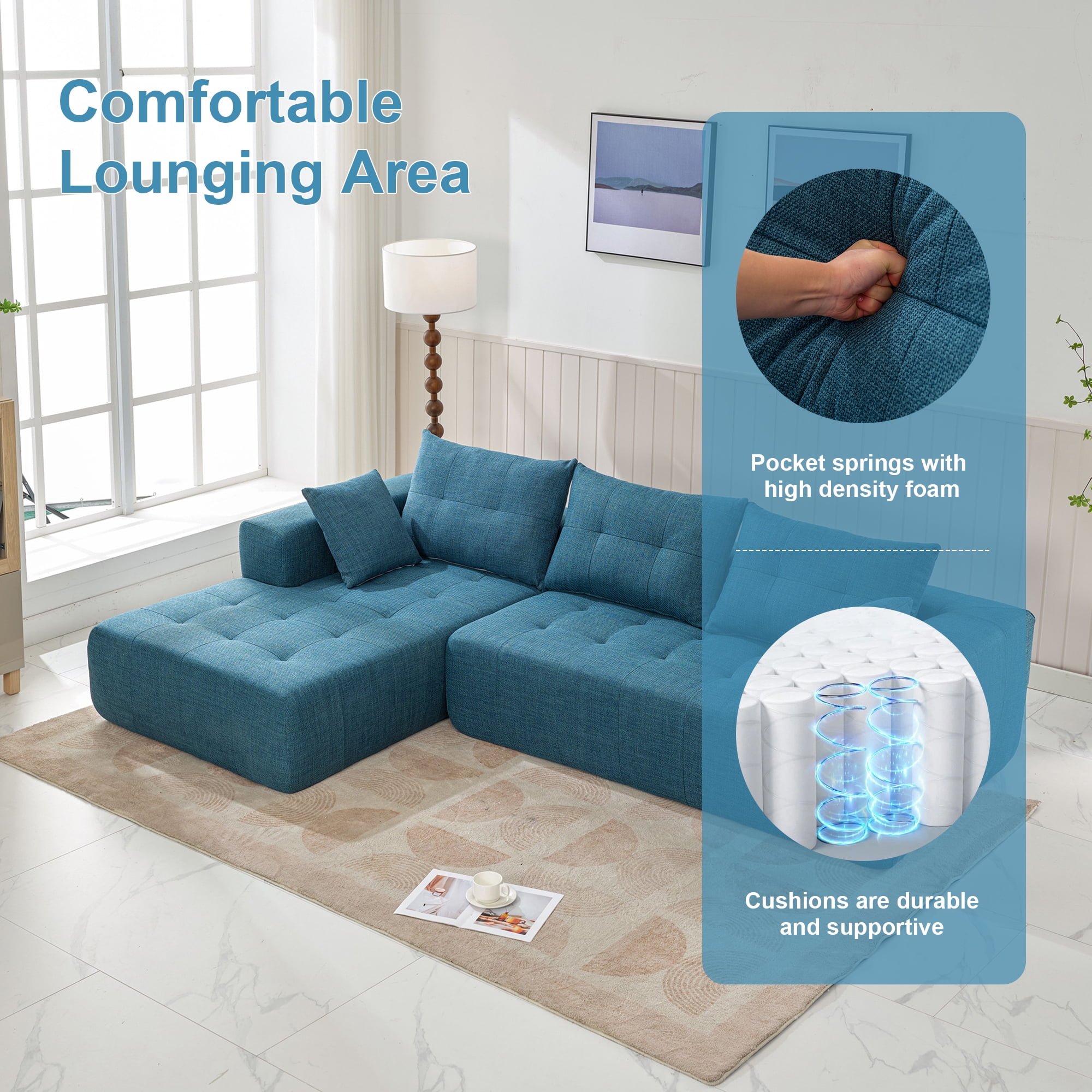 DEALTOPS Upholstered Sectional Sofa, Modern Convertible Modular Sofa Set, 110" L Shaped Sofa Couch, 2 Pieces Living Room Furniture Set, Blue