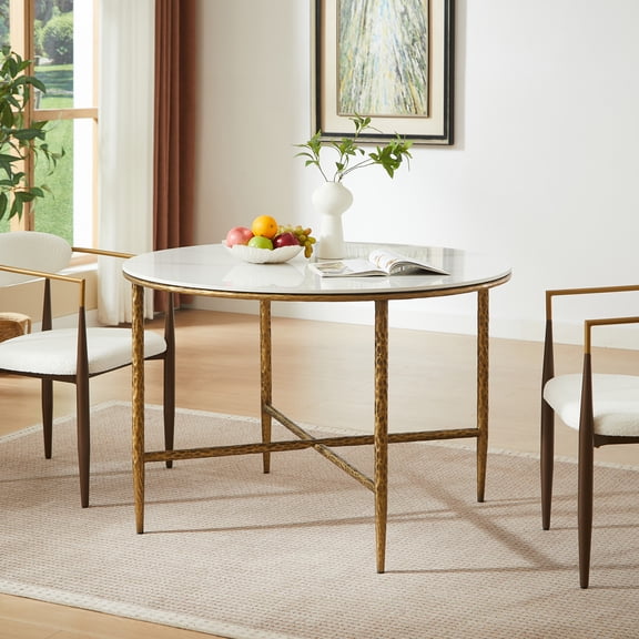 Christopher Knight Home 45" Round Dining Table, Sintered Stone Top with Metal Legs, Forged Brass