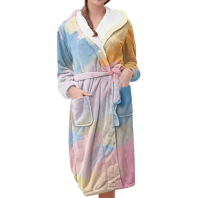 Jindong Robes en Peluche pour Femmes Robe en Polaire Longue Chaude Peignoir de Bain Veste de Détente Imprimée Robe de Confort Robes pour Femmes