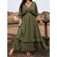 thumbnail image 3 of Army Green Plus Size Casual Vacation Tie Front Maxi Dress With Ruffles, Spring Summer, 3 of 7