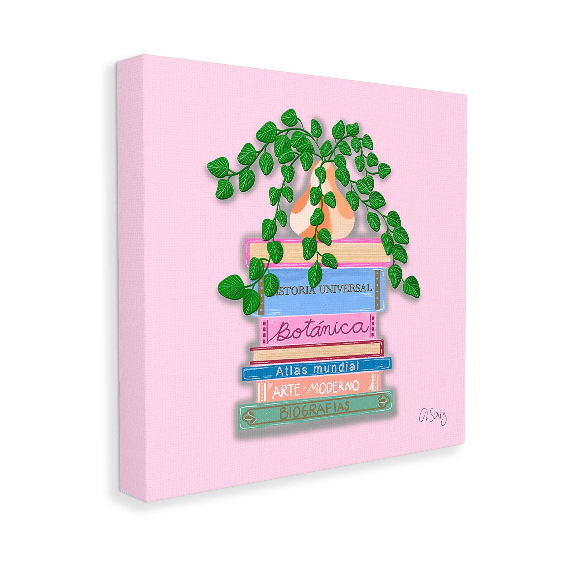 Stupell Industries Bookstack with Plant Vase Botanical & Floral Painting Gallery Wrapped Canvas Art Print Wall Art, 30 x 30