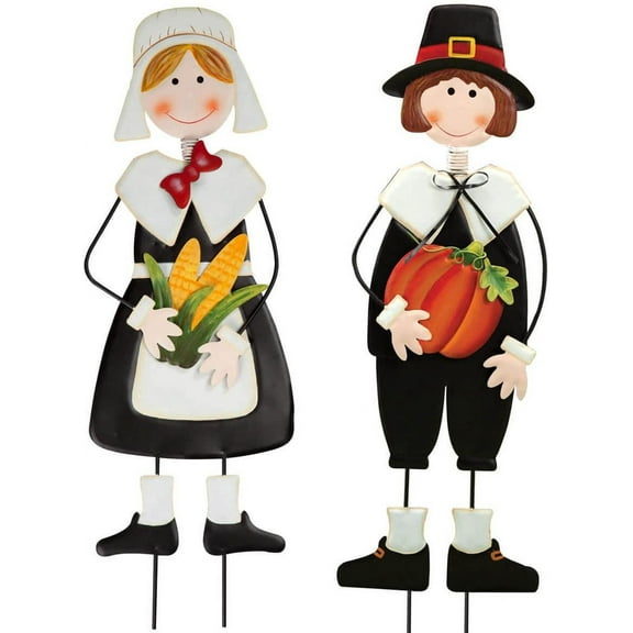 Miles Kimball Pilgrim Boy and Girl Metal Lawn Stakes Set by Maple Lane Creations, Thanksgiving Yard Décor