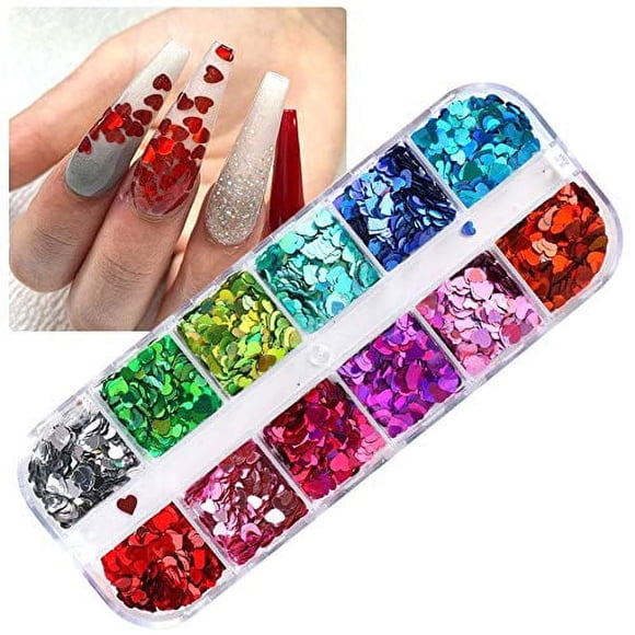 Corazón Nail Art Glitter Lentejuelas Corazón Valentines Nail Art Pegatinas Calcomanías Láser Amor Corazón Glitter Flakes para Manicura Maquillaje DIY Decoración de Uñas