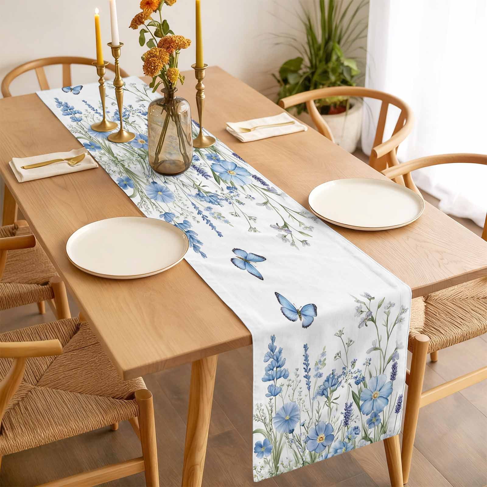 Floral Table Runner 13x120 inch Spring Blue Wildflowers Butterfly Botanical Scenery Cotton Linen Dining Table Runner Ideal for Dresser Kitchen Coffee Tables - Machine Washable