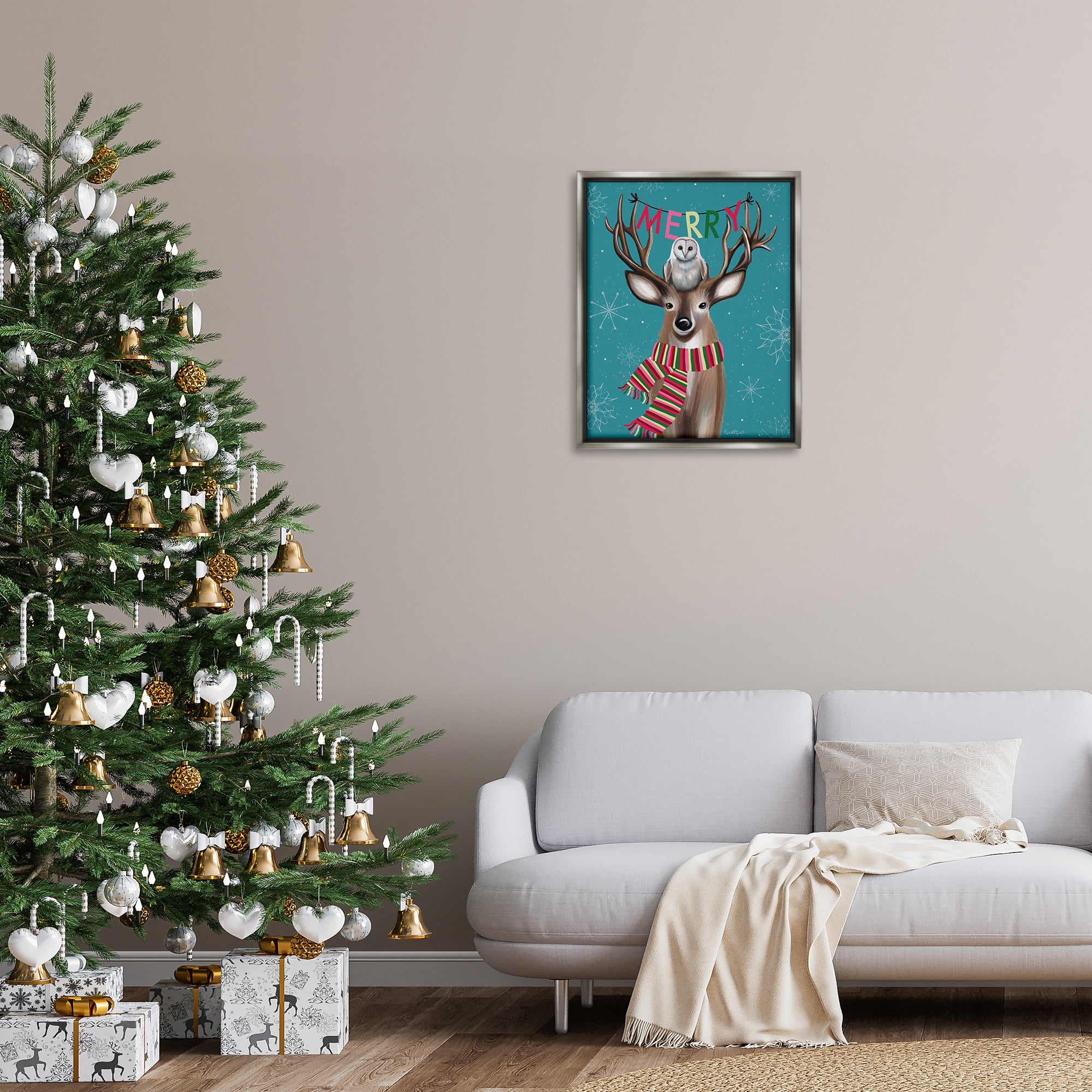 Stupell Industries Woodland Merry Creatures Holiday Painting Gray Floater Framed Art Print Wall Art, 25 x 31