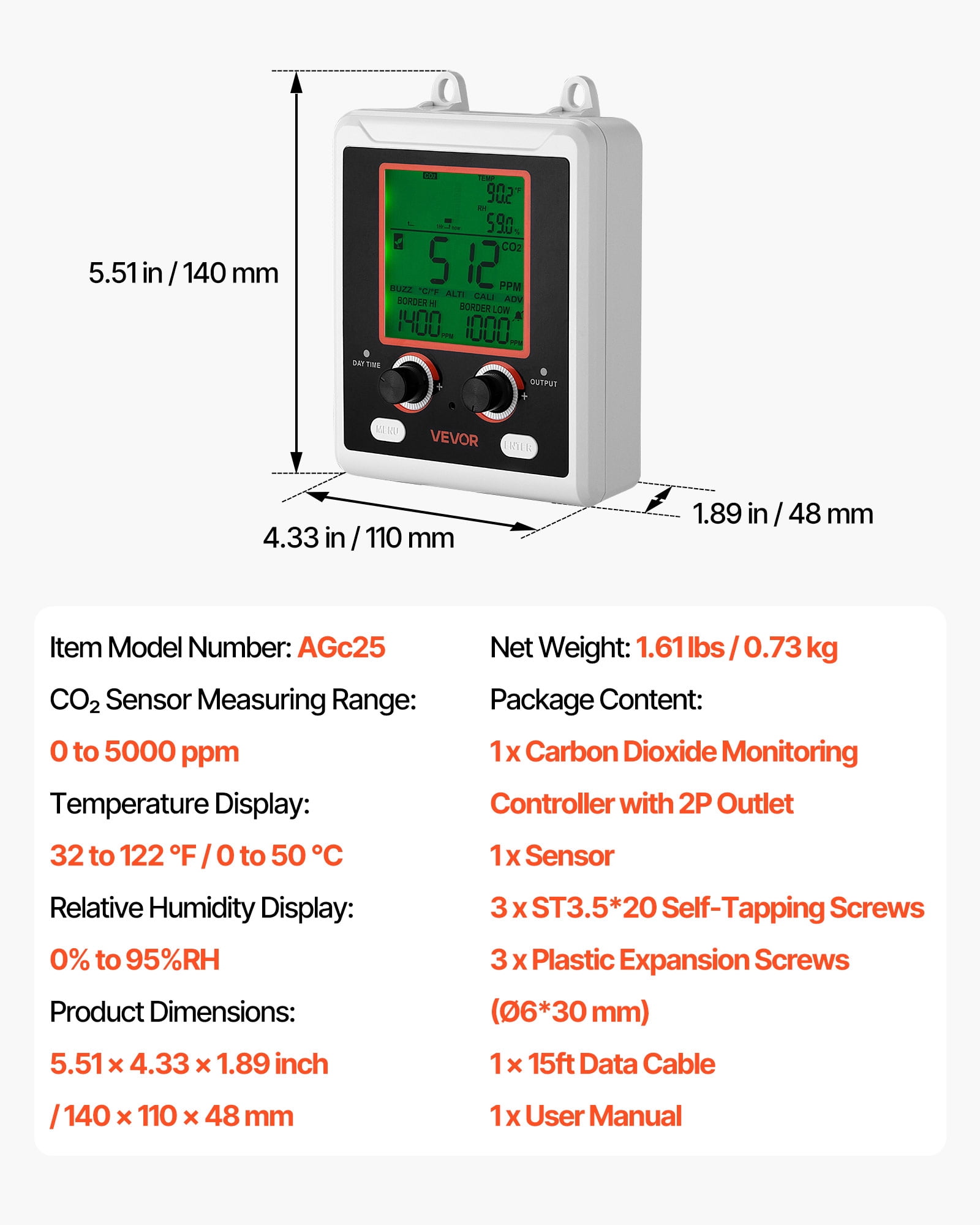 VEVOR Carbon Dioxide Monitoring Controller, Dual Outlets Carbon Dioxide Controller, CO2 Meter Monitor Day and Night Detection Feature, NDIR CO2 Sensor for Green House, Laboratories, Classrooms, Home