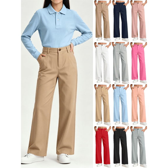 XUNKUSGA Big Girls High Waisted Straight Leg Dress Pants with Button Closure Classic Solid Color School Uniform Pants for Back to School Business Casual Slacks,5 Years
