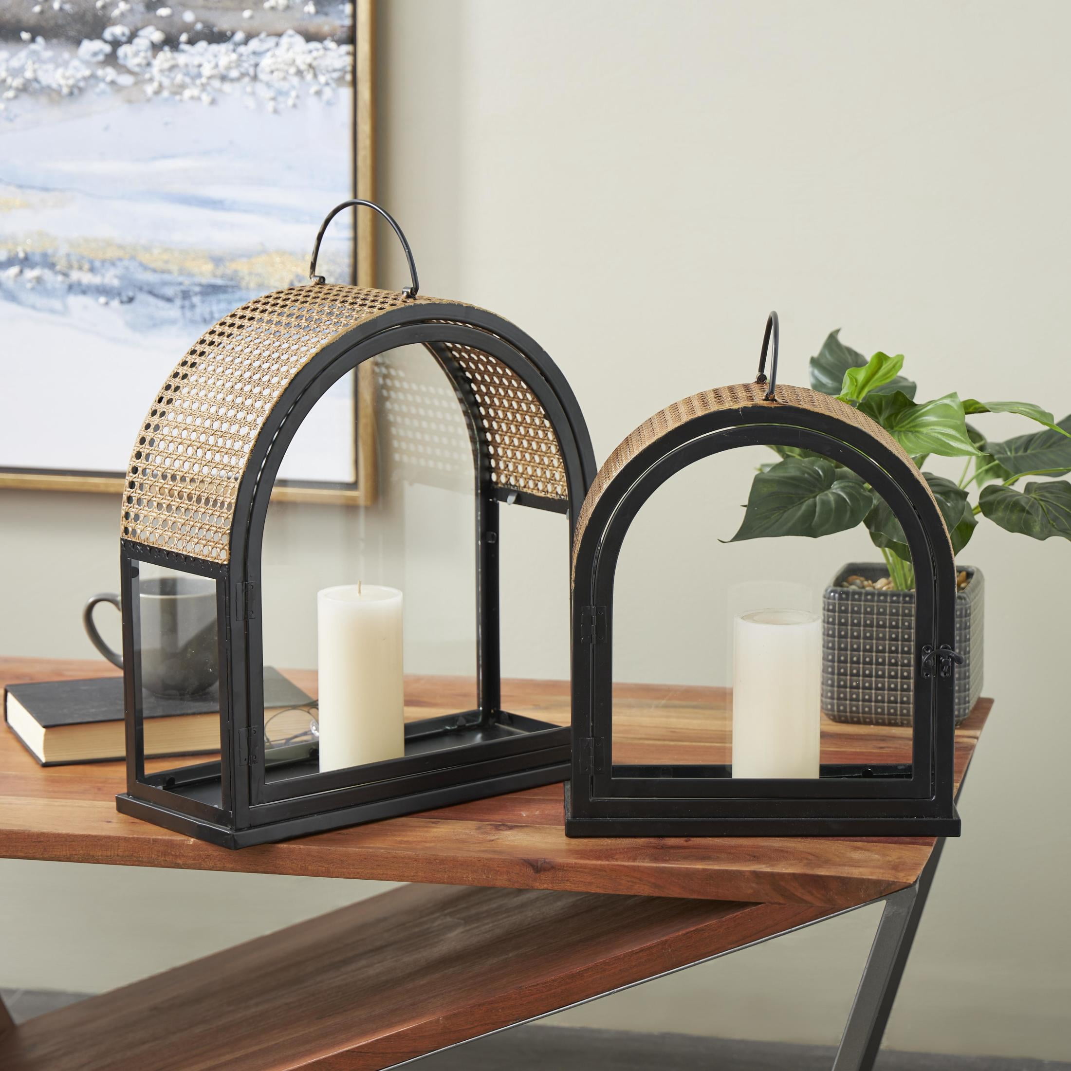 DecMode 2 Holder Black Metal Arched Candle Lantern with Cane Inspired Gold Tops, Set of 2